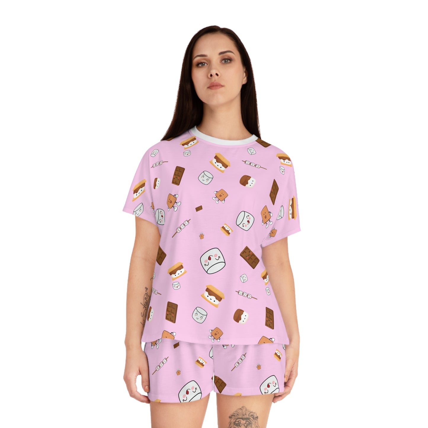 Women's Short Pajama Set-Cutesy S'more's Pattern-Cotton Candy Pink