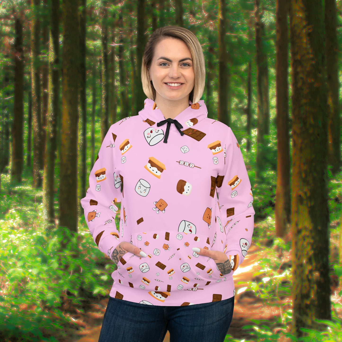 Athletic Hoodie-Cute Marshmallow Pattern-Pink