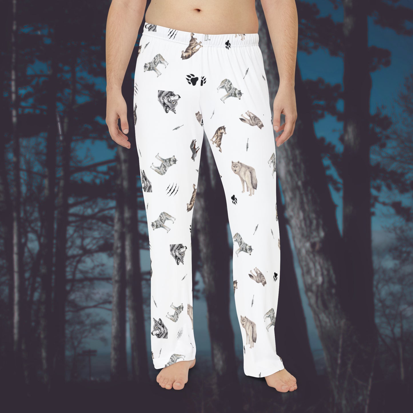 Men's Pajama Pants-Wolf Pattern-White