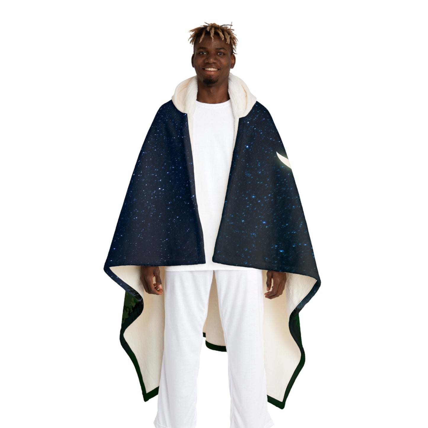 Hooded Sherpa Fleece Blanket-Starry Sky Campsite Scene