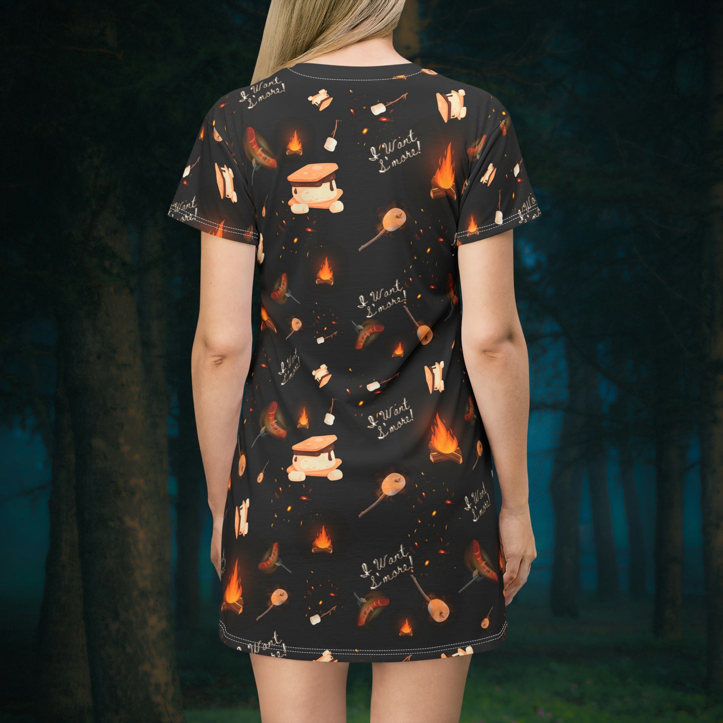 T-Shirt Dress-Camp Fire Pattern Dark (AOP)