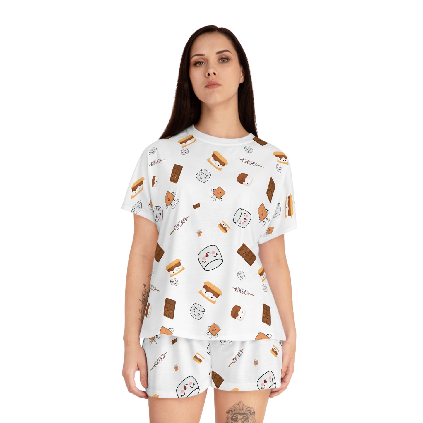 Women's Short Pajama Set-Cutesy S'More's Pattern-White