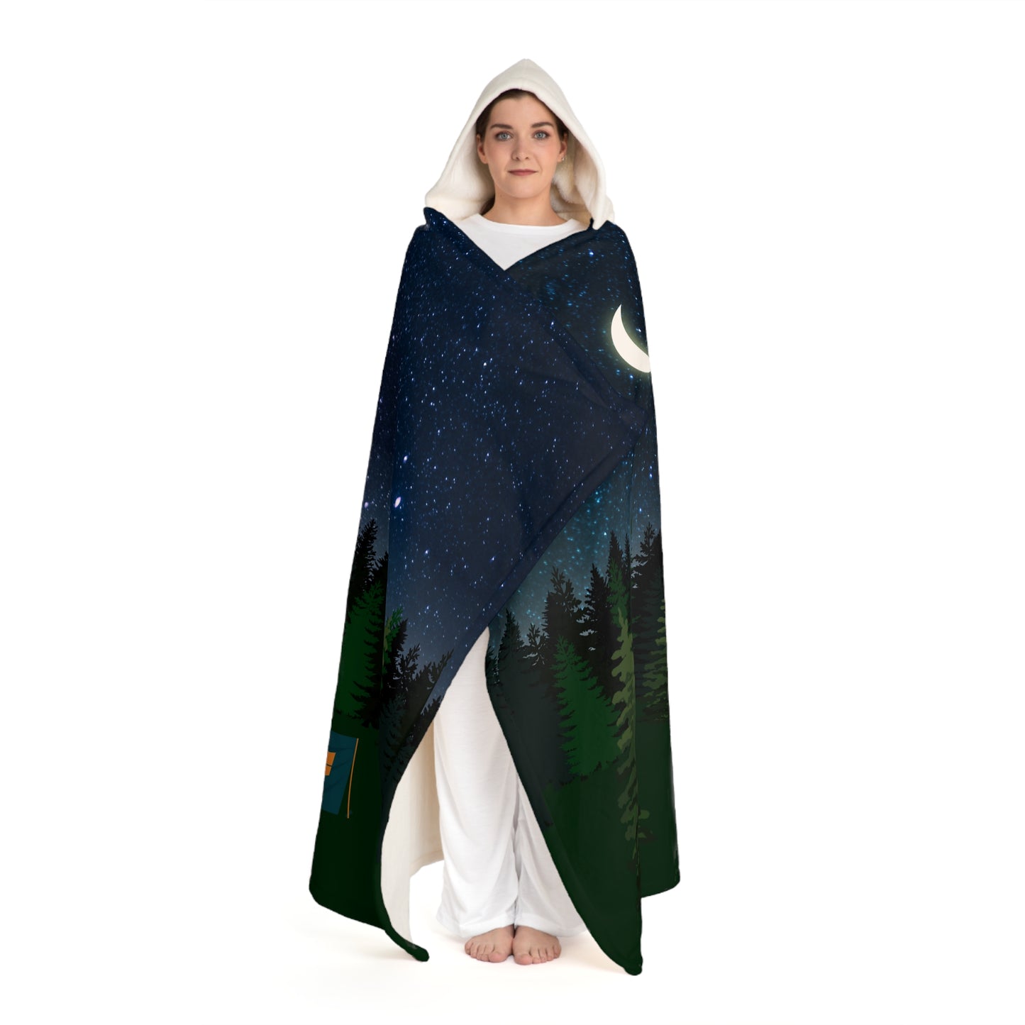 Hooded Sherpa Fleece Blanket-Starry Sky Campsite Scene