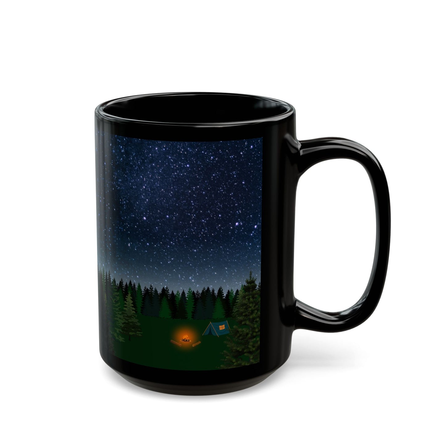 Tent and Trees Under Starry Skies Mug-Black