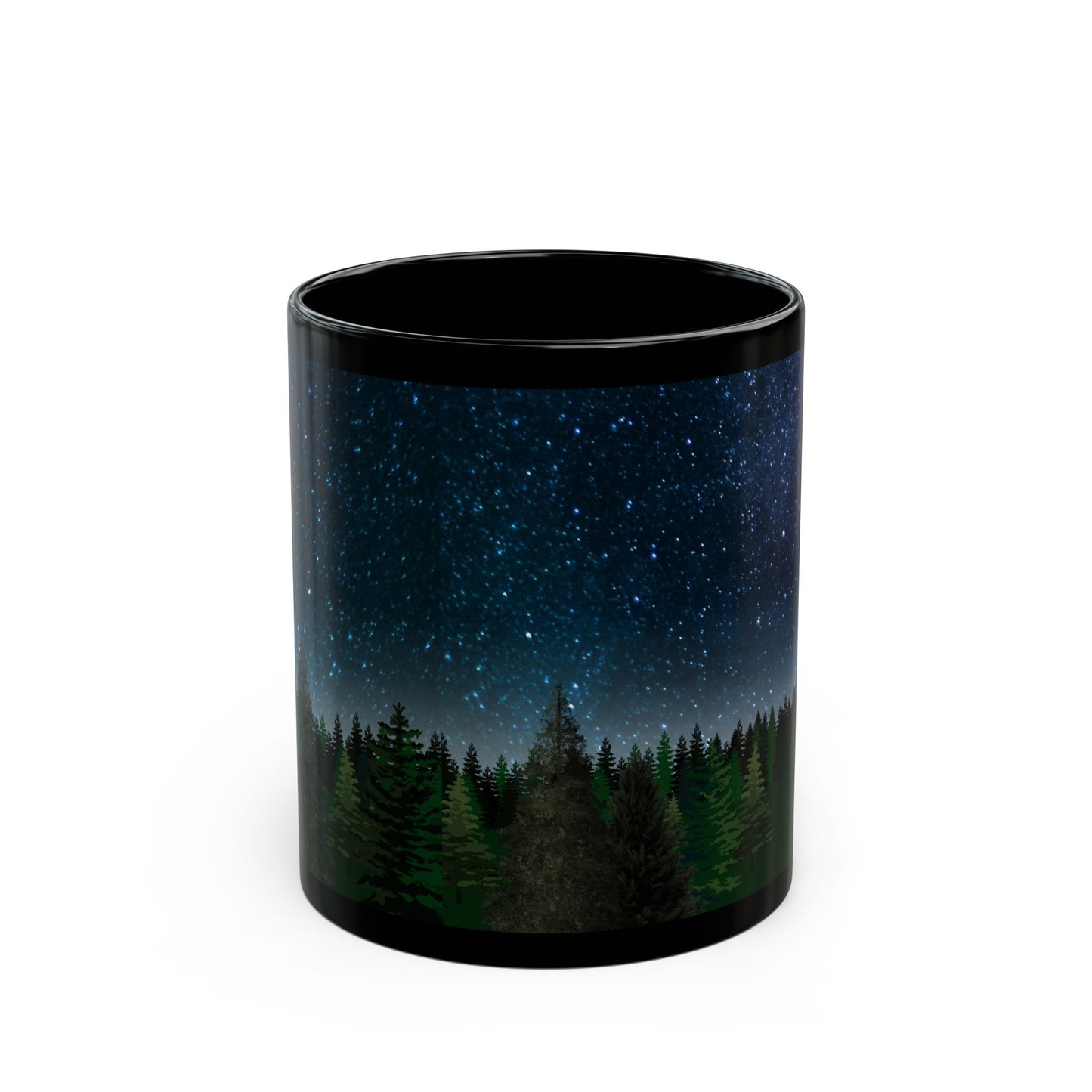 Tent and Trees Under Starry Skies Mug-Black