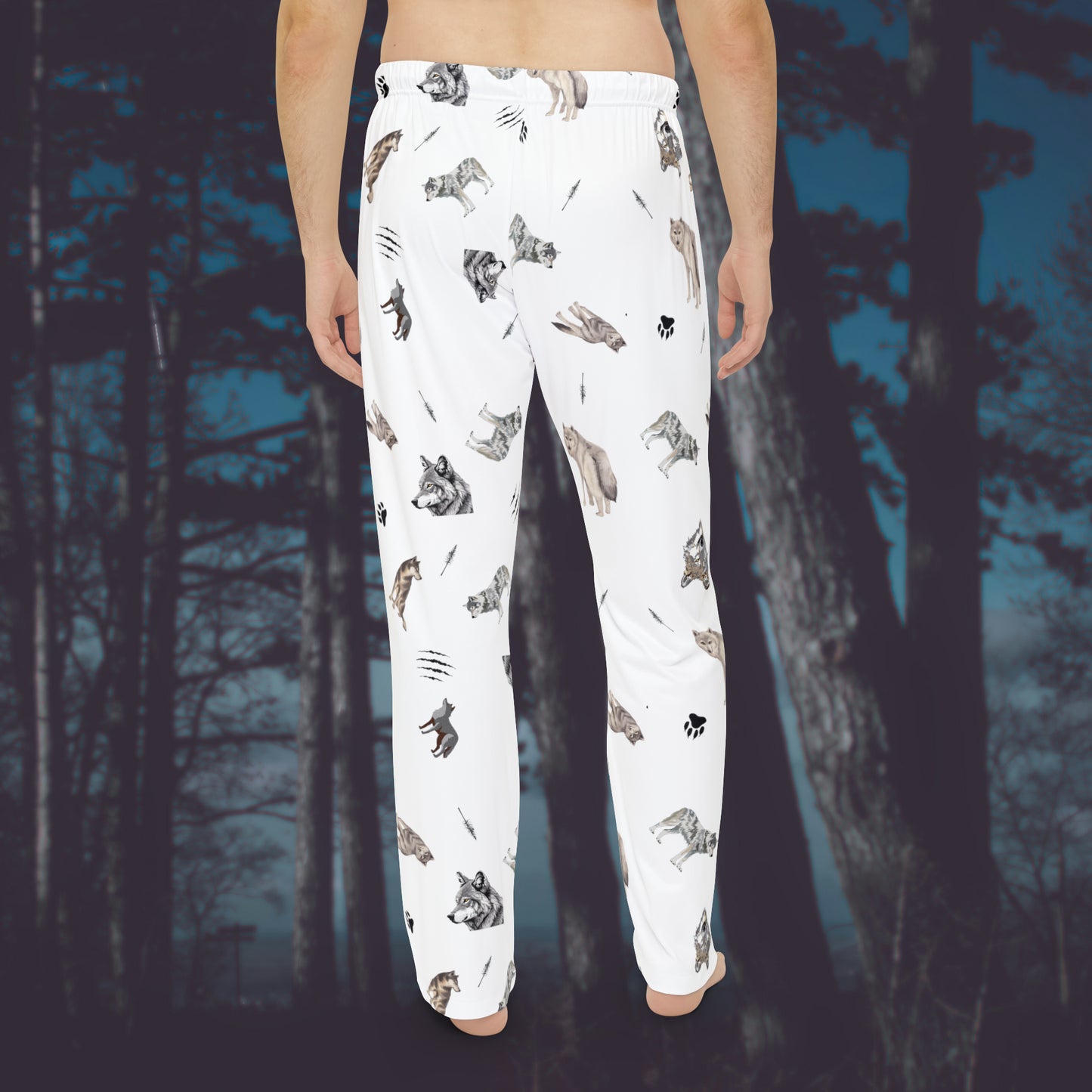 Men's Pajama Pants-Wolf Pattern-White