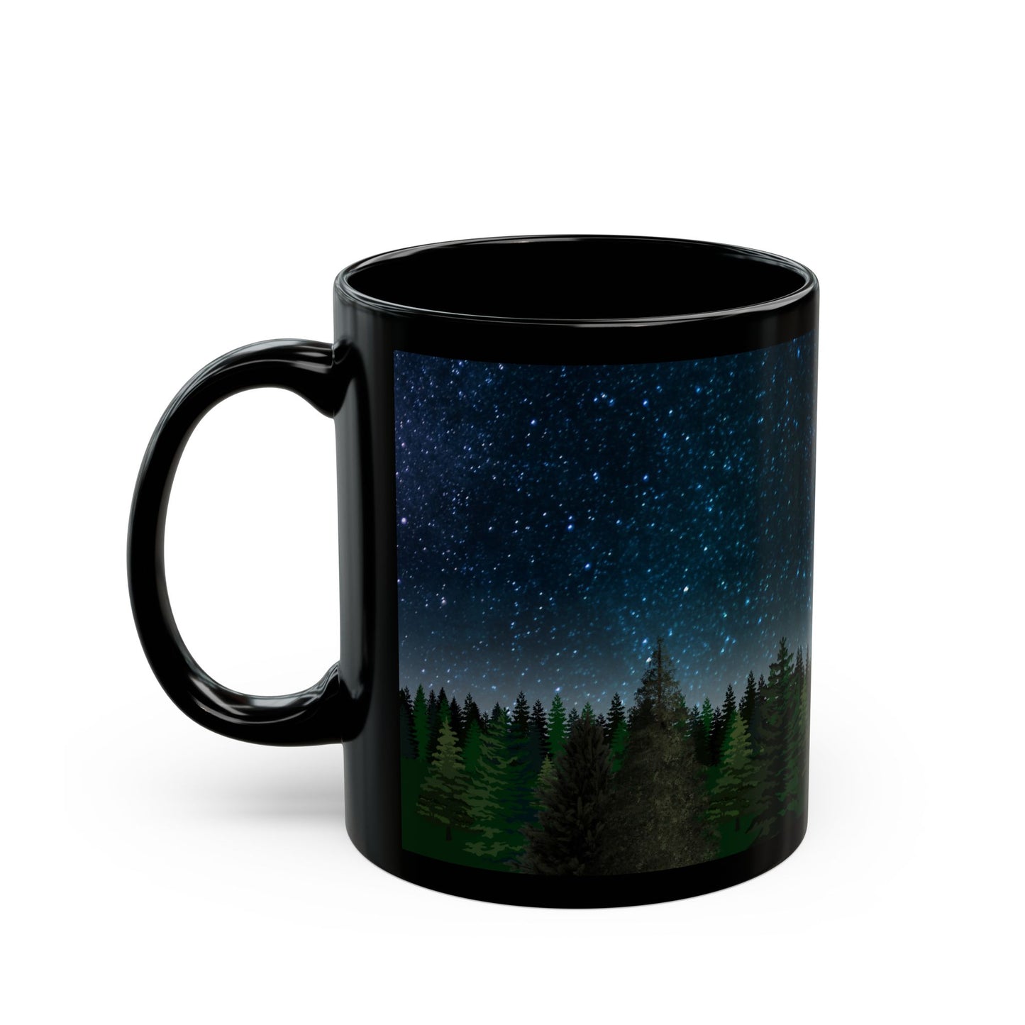 Tent and Trees Under Starry Skies Mug-Black