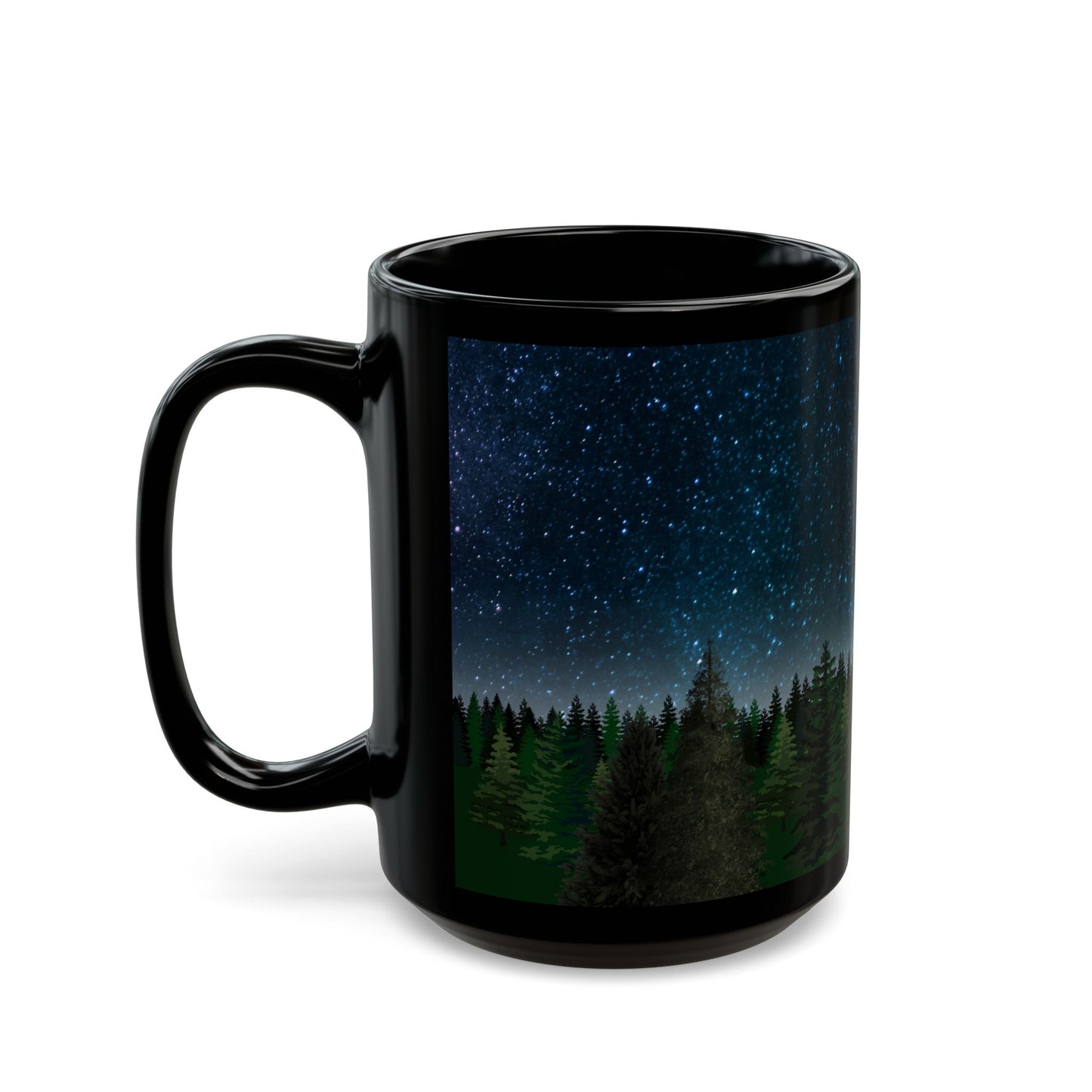 Tent and Trees Under Starry Skies Mug-Black