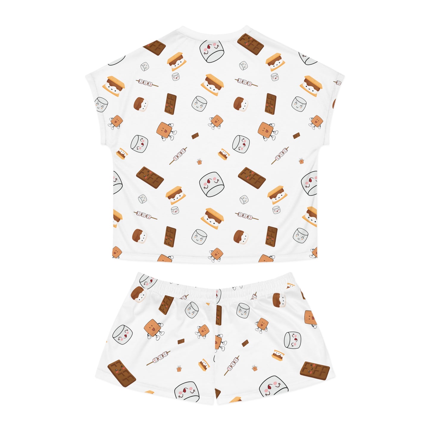Women's Short Pajama Set-Cutesy S'More's Pattern-White