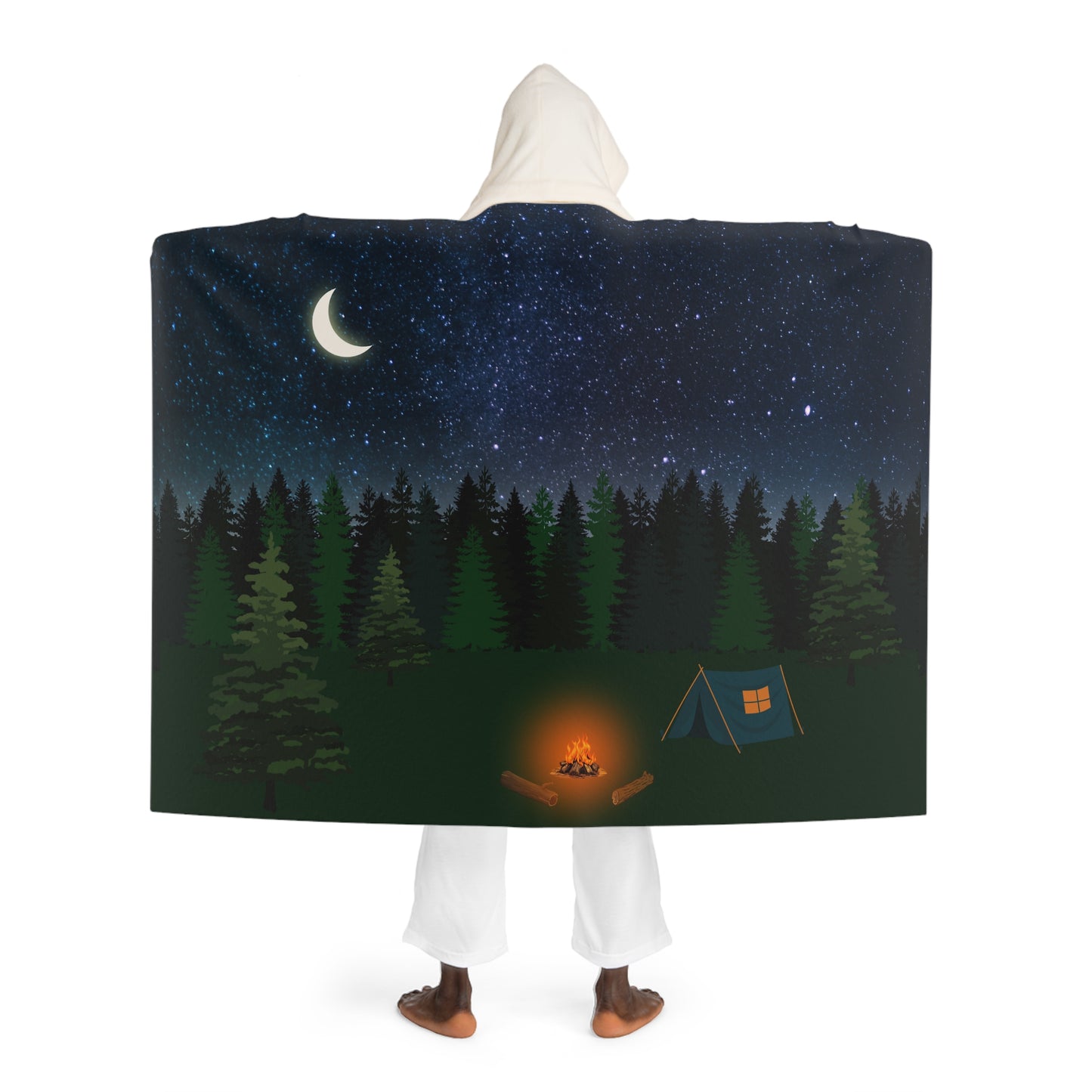 Hooded Sherpa Fleece Blanket-Starry Sky Campsite Scene