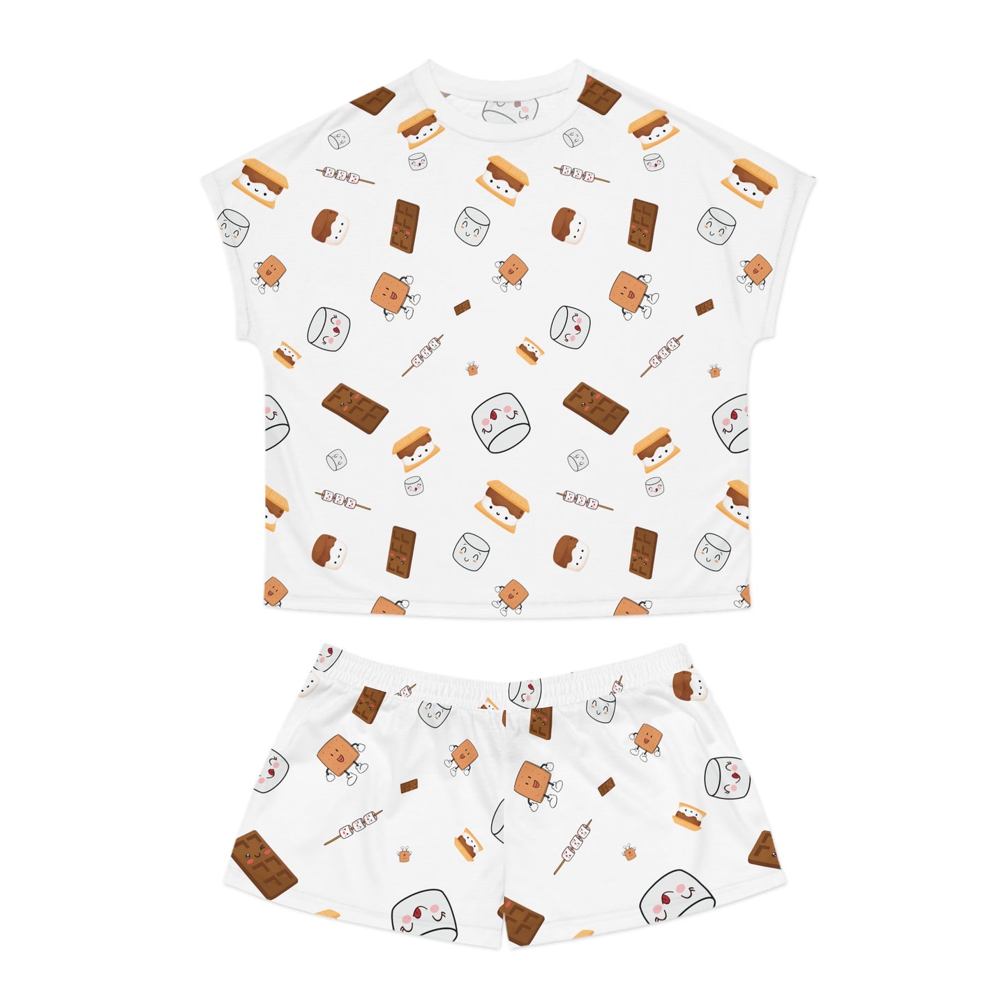 Women's Short Pajama Set-Cutesy S'More's Pattern-White