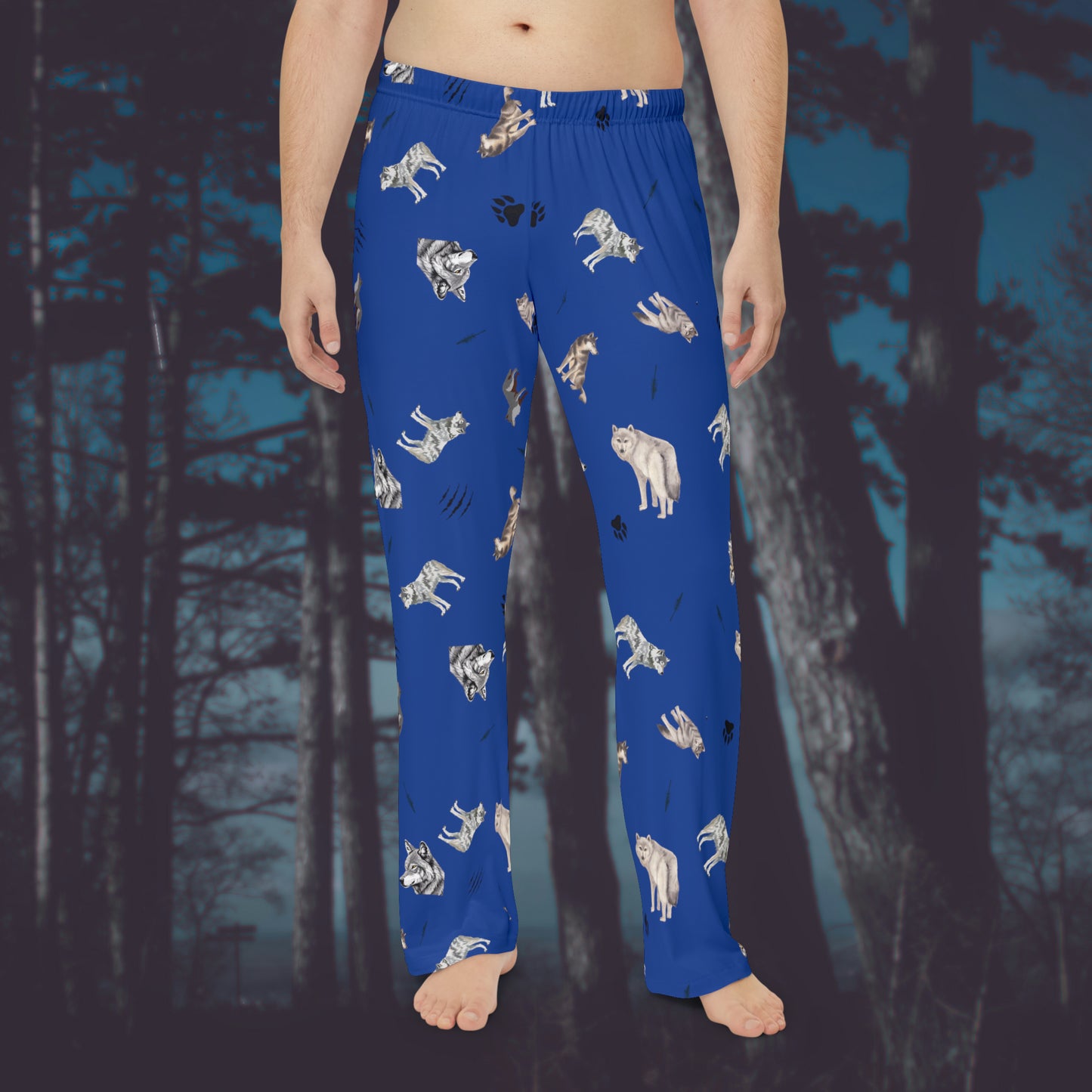 Men's Pajama Pants-Wolf Pattern-Blue