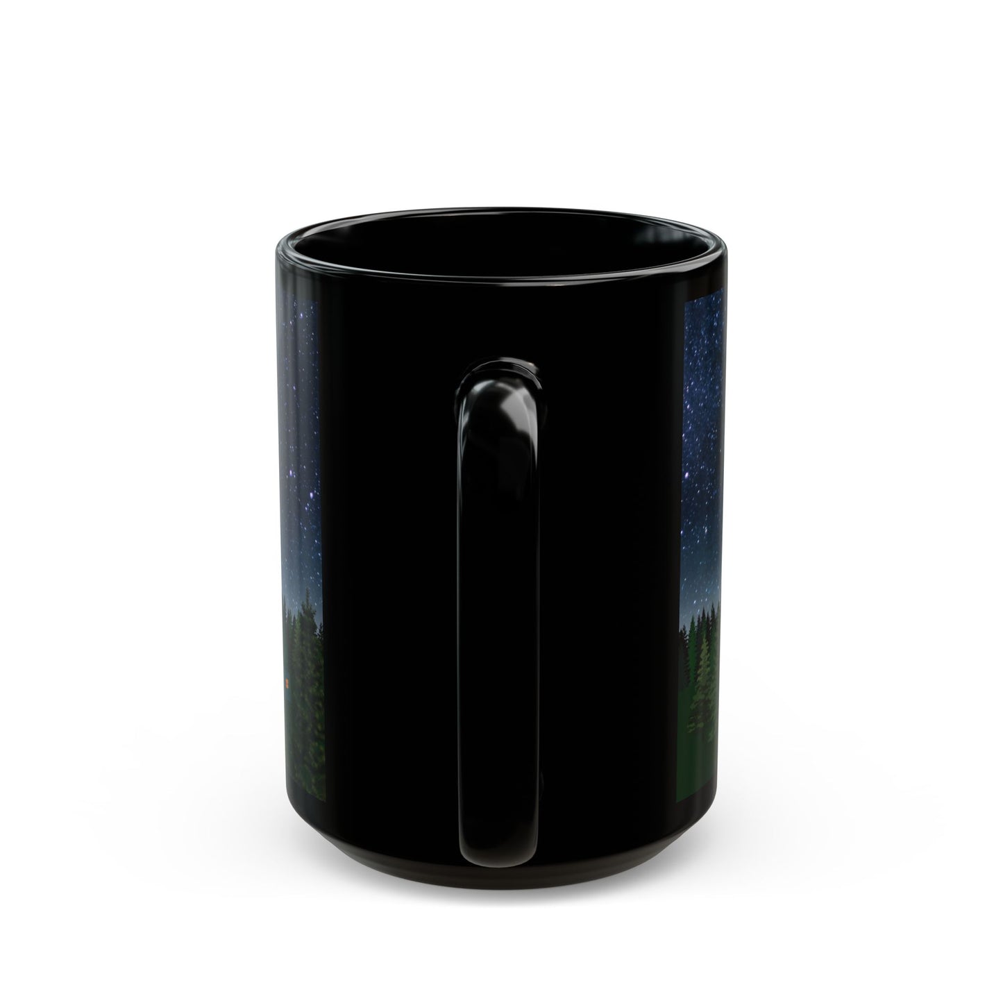 Tent and Trees Under Starry Skies Mug-Black