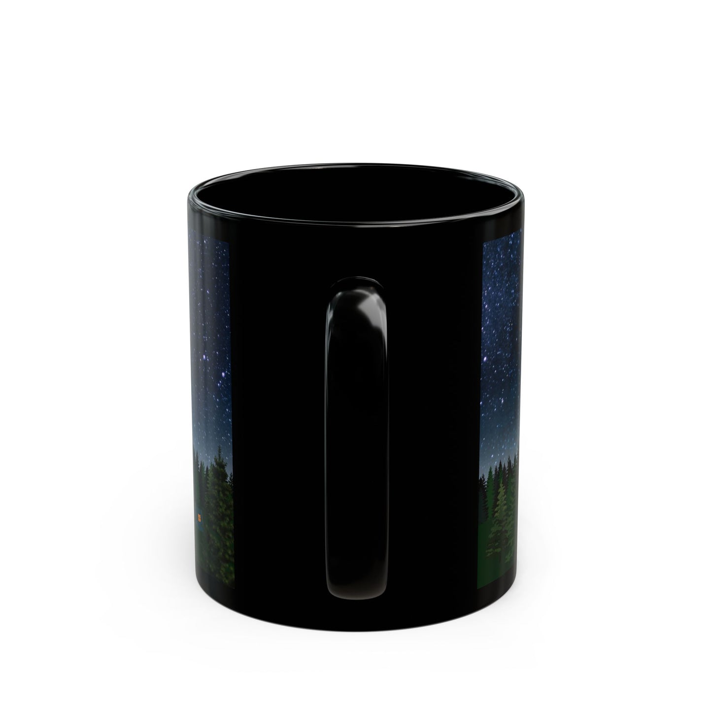 Tent and Trees Under Starry Skies Mug-Black