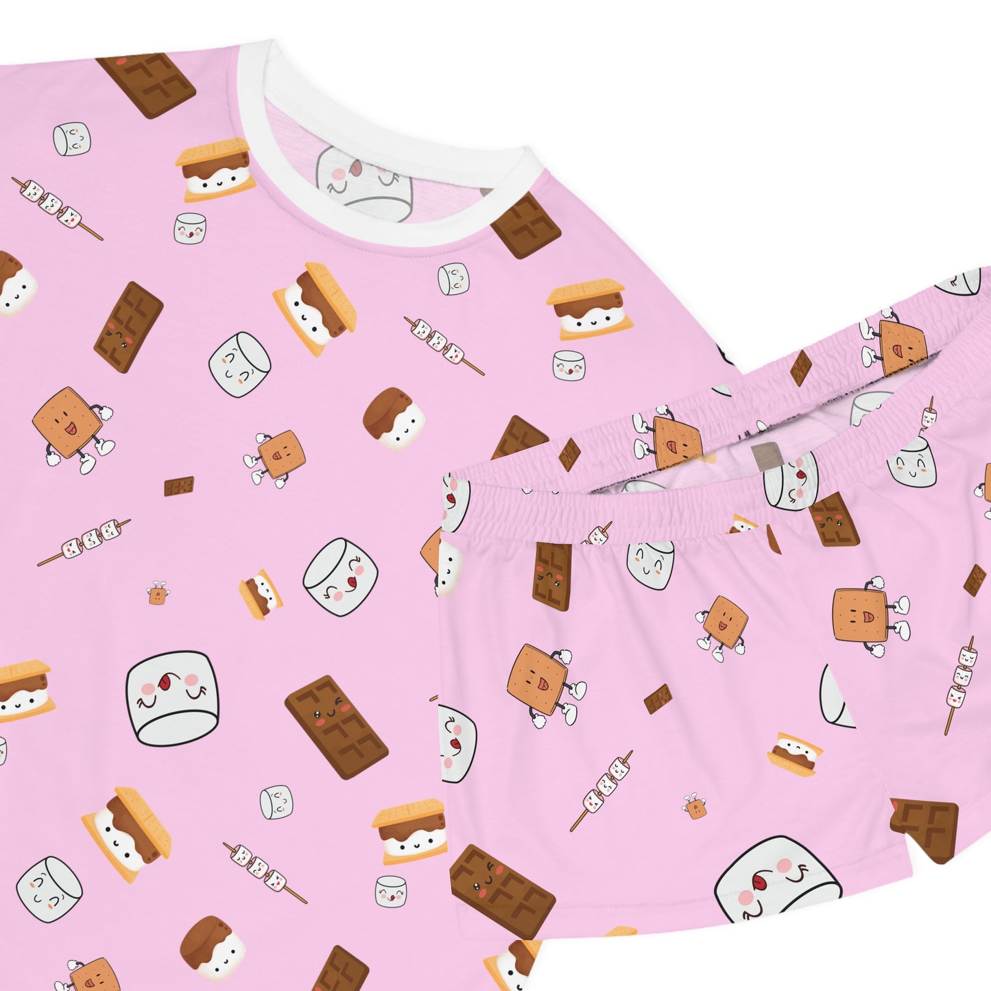 Women's Short Pajama Set-Cutesy S'more's Pattern-Cotton Candy Pink