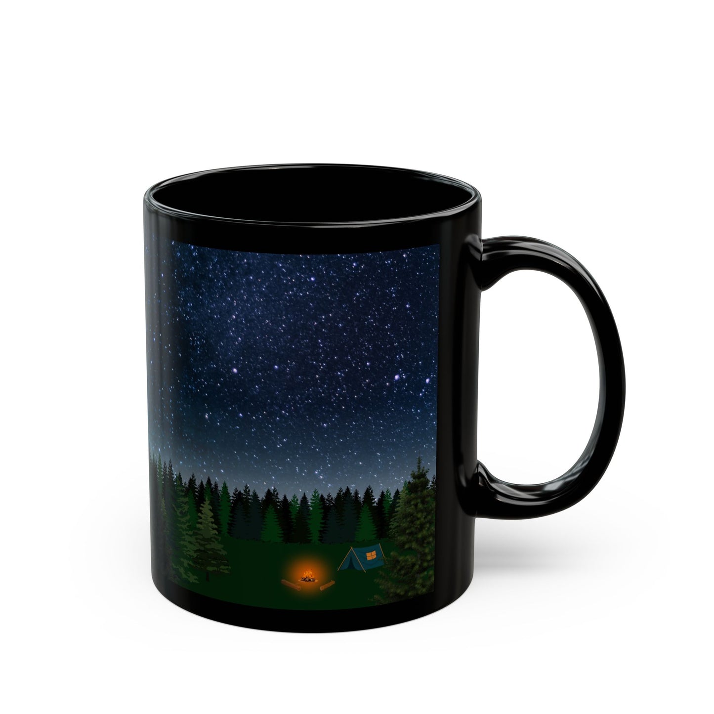 Tent and Trees Under Starry Skies Mug-Black