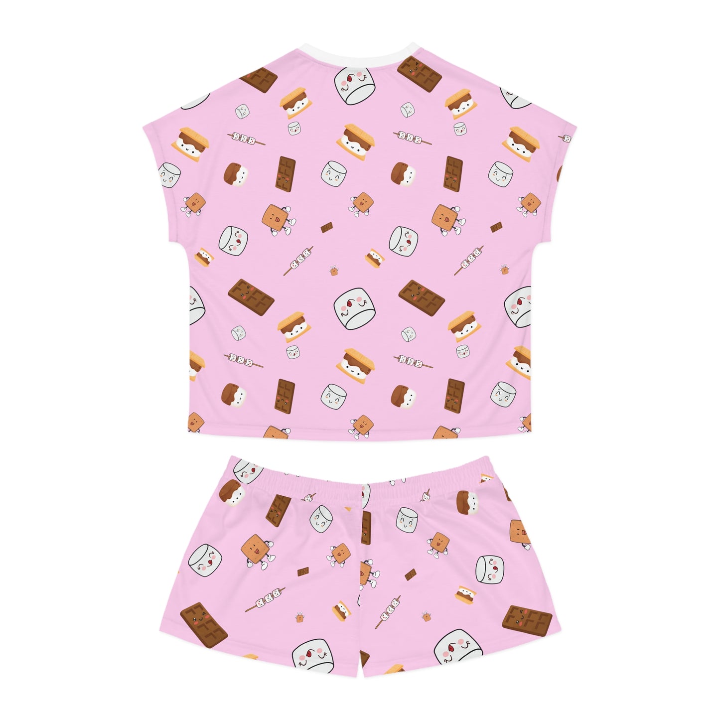 Women's Short Pajama Set-Cutesy S'more's Pattern-Cotton Candy Pink