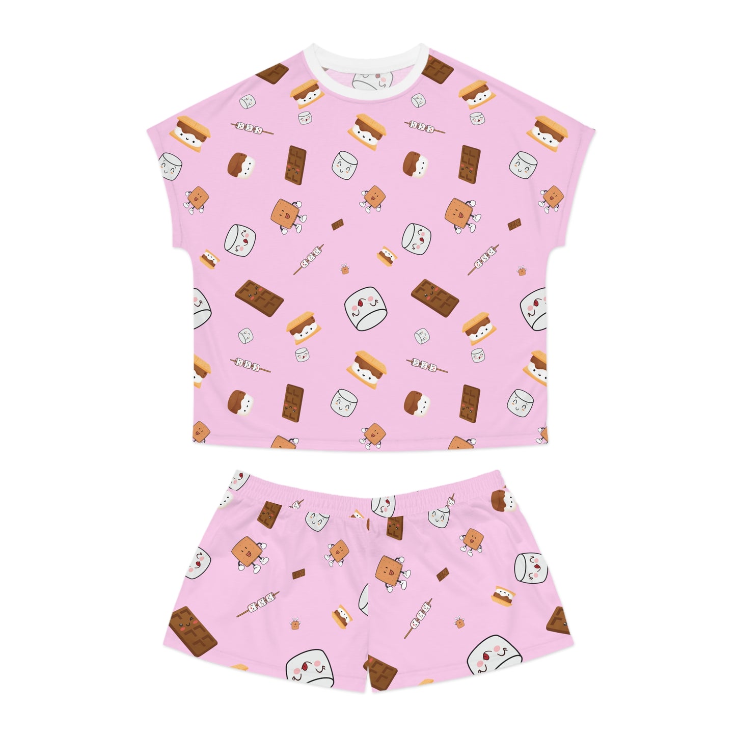 Women's Short Pajama Set-Cutesy S'more's Pattern-Cotton Candy Pink
