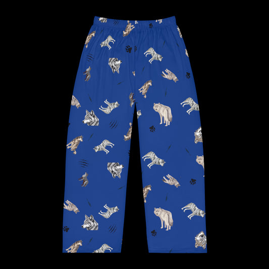 Men's Pajama Pants-Wolf Pattern-Blue