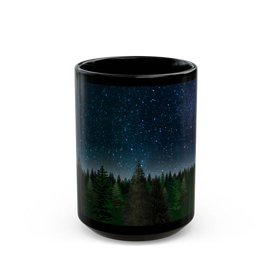 Tent and Trees Under Starry Skies Mug-Black