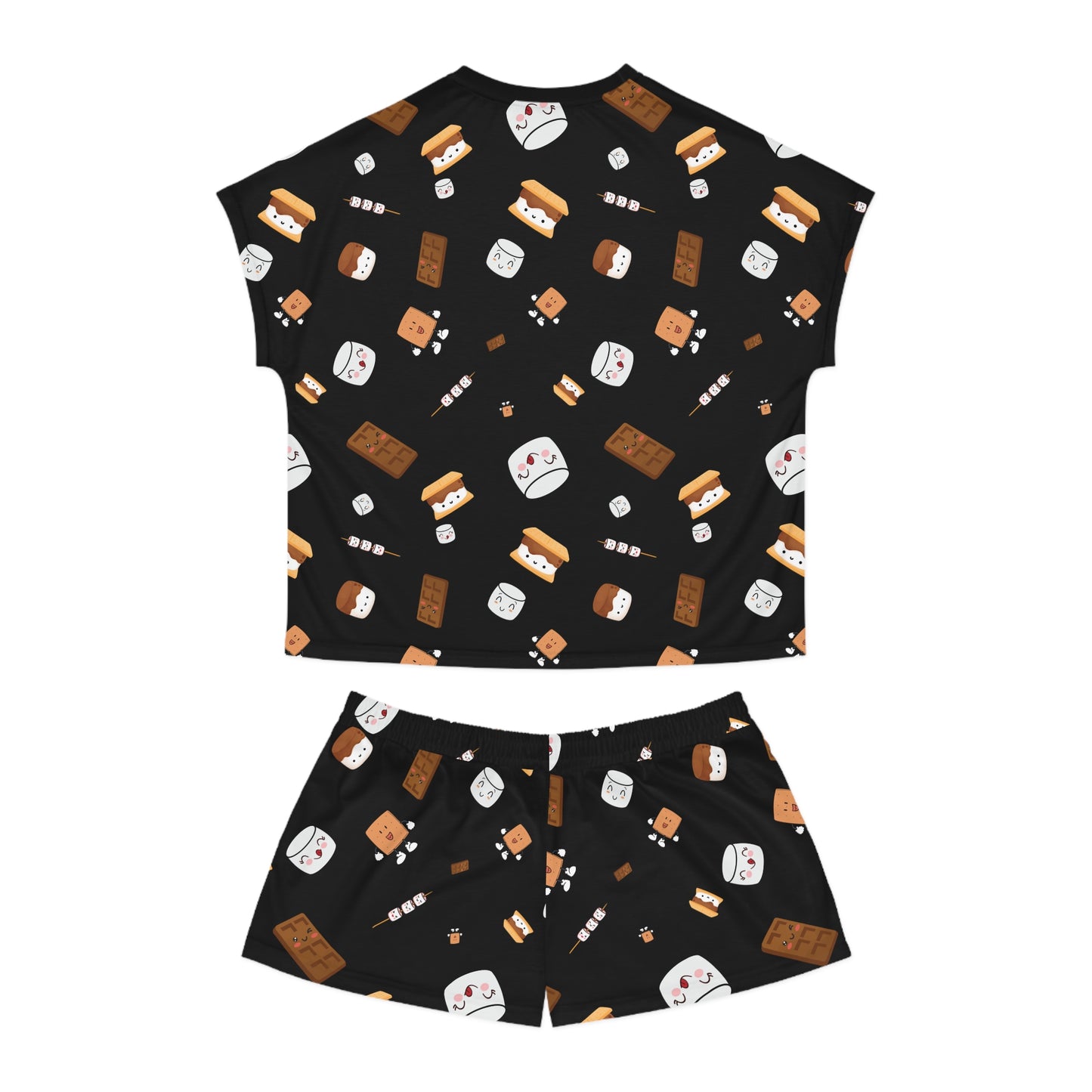 Women's Short Pajama Set-Cutesy S'more's Pattern-Black