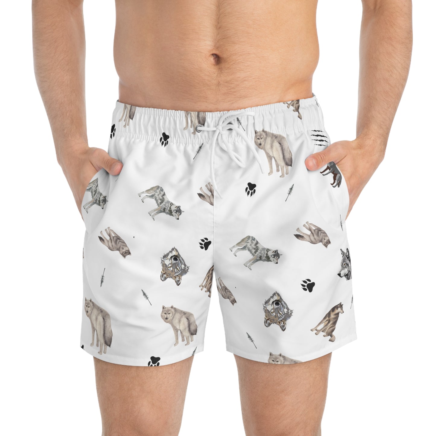 Wolf Pattern Swim Trunks-White