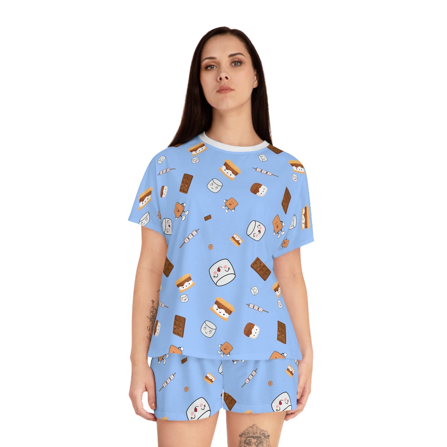 Women's Short Pajama Set-Cutesy S'More's Pattern-blue