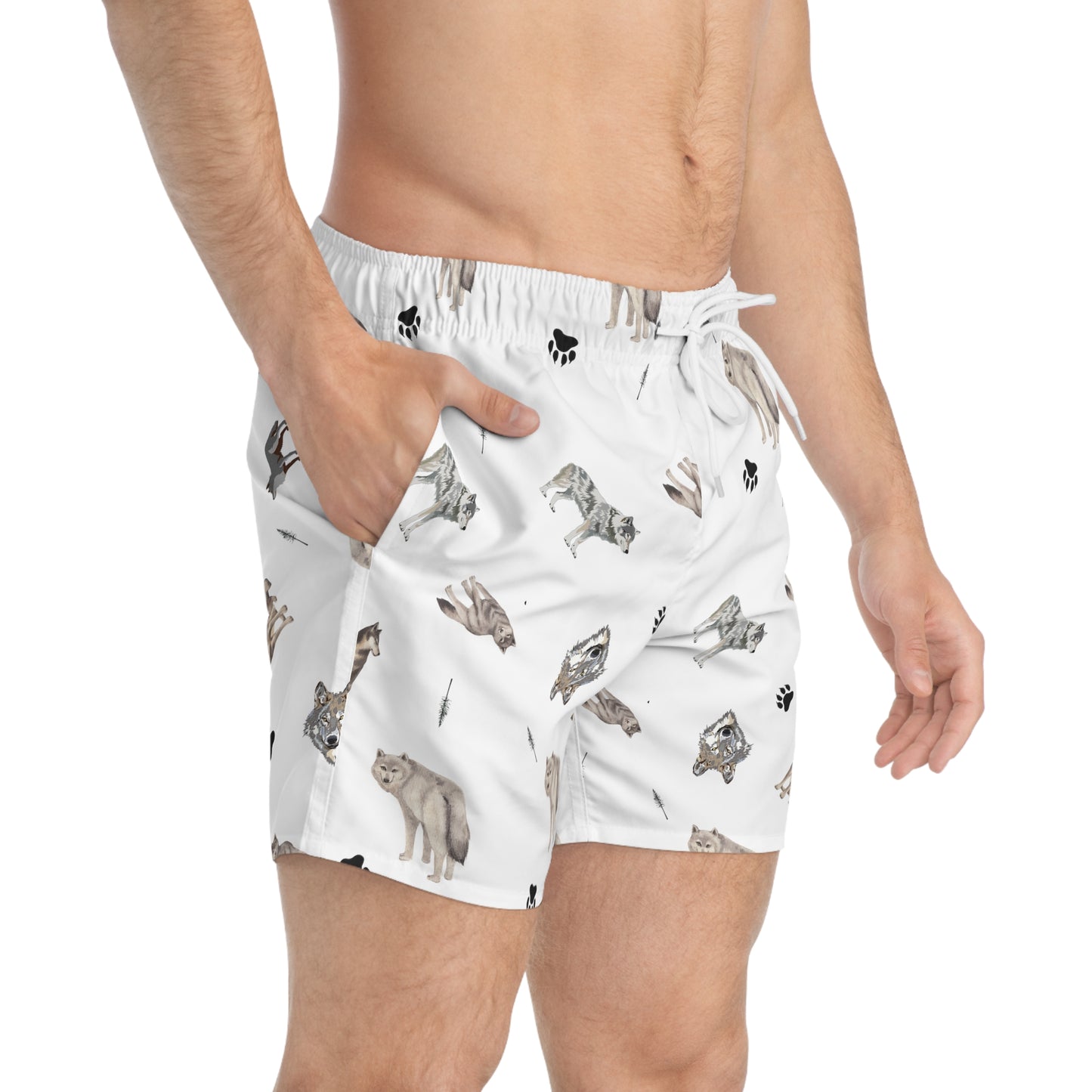 Wolf Pattern Swim Trunks-White