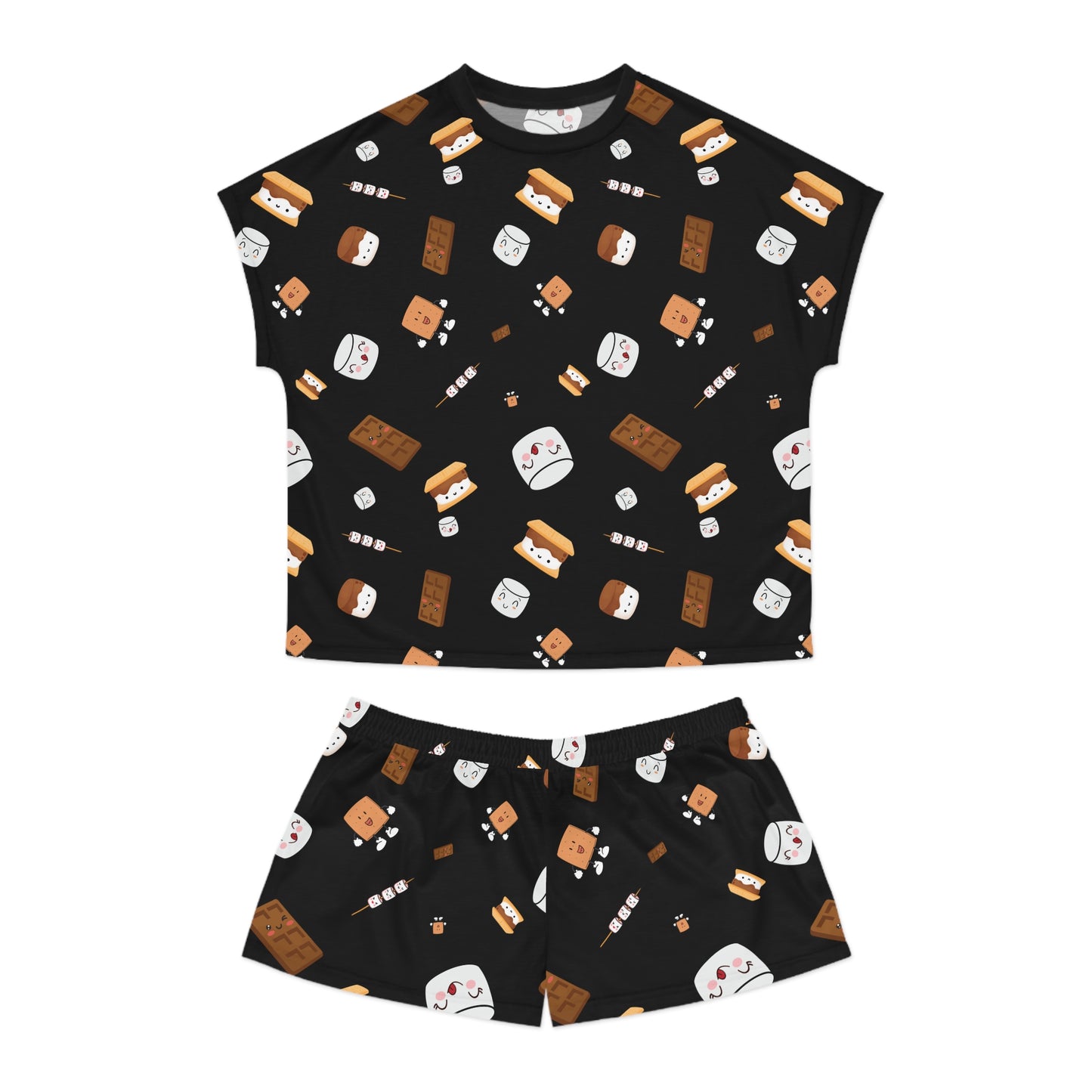 Women's Short Pajama Set-Cutesy S'more's Pattern-Black