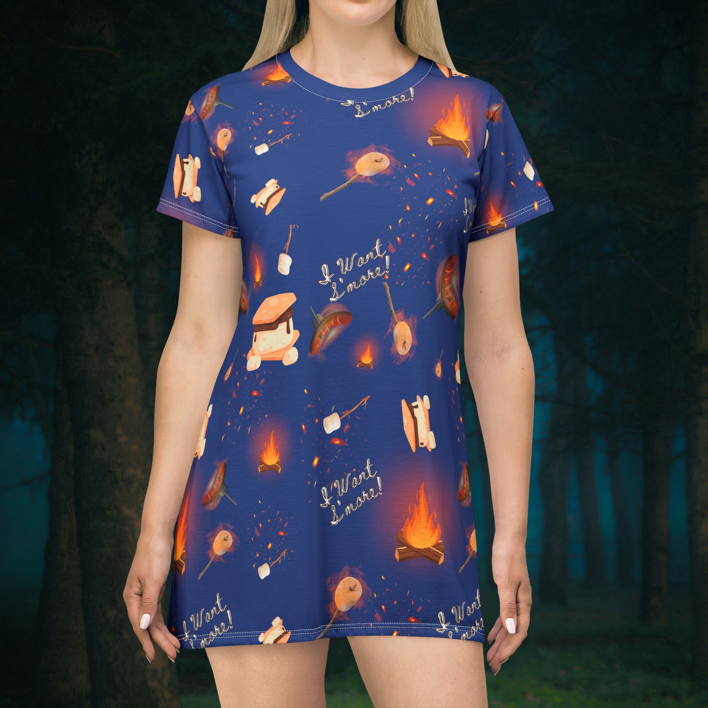 T Shirt Dress-Camp Fire Pattern Blue